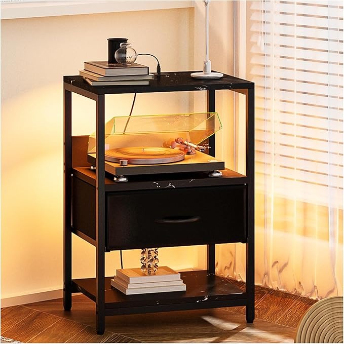 Buró / Mesita de Noche con LED – Mesa Auxiliar con 2 Enchufes y Puertos USB