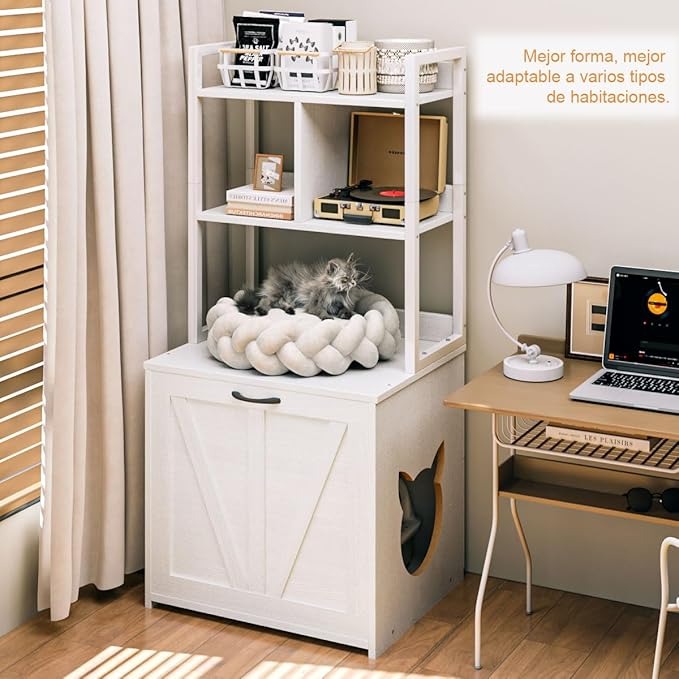 Mueble Arenero para Gato – Casa para Gatos con Caja de Arena Grande y Estante de 2 Niveles para Almacenaje