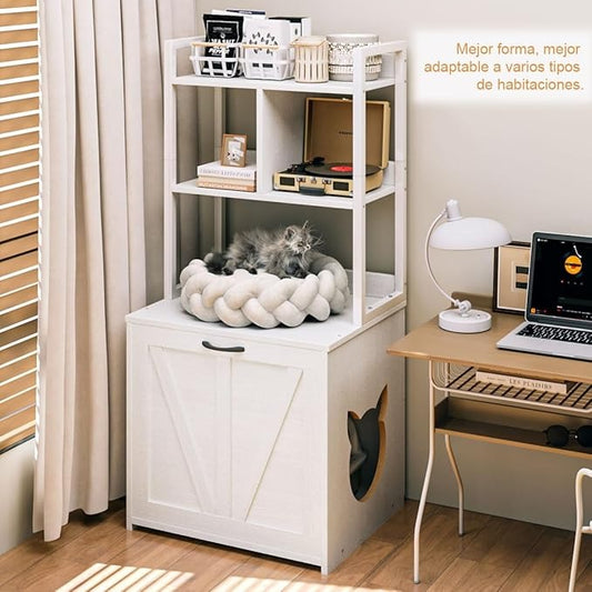 Mueble Arenero para Gato – Casa para Gatos con Caja de Arena Grande y Estante de 2 Niveles para Almacenaje