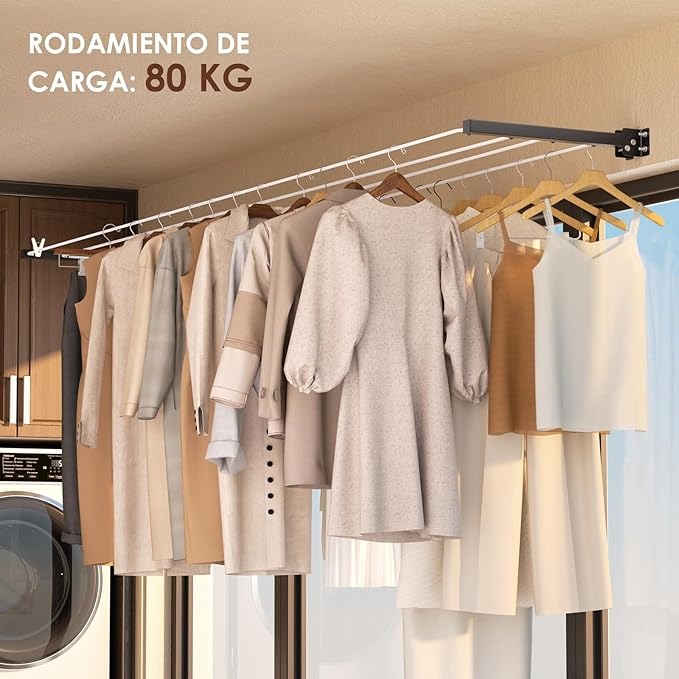HOYRR Tendedero Plegable de Pared – Retráctil, 20 m de Cuerda, 30 Clips, Ideal para Dormitorios, Balcones y Espacios Pequeños
