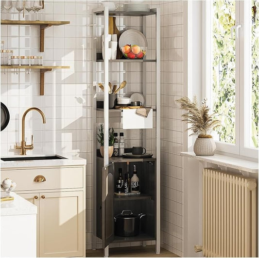 Librero Gris Roble Estilo Bohemio – Multiusos para Cocina, Baño y Salón, 176CM con Puerta de Gabinete