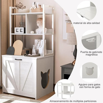 Mueble Arenero para Gato – Casa para Gatos con Caja de Arena Grande y Estante de 2 Niveles para Almacenaje
