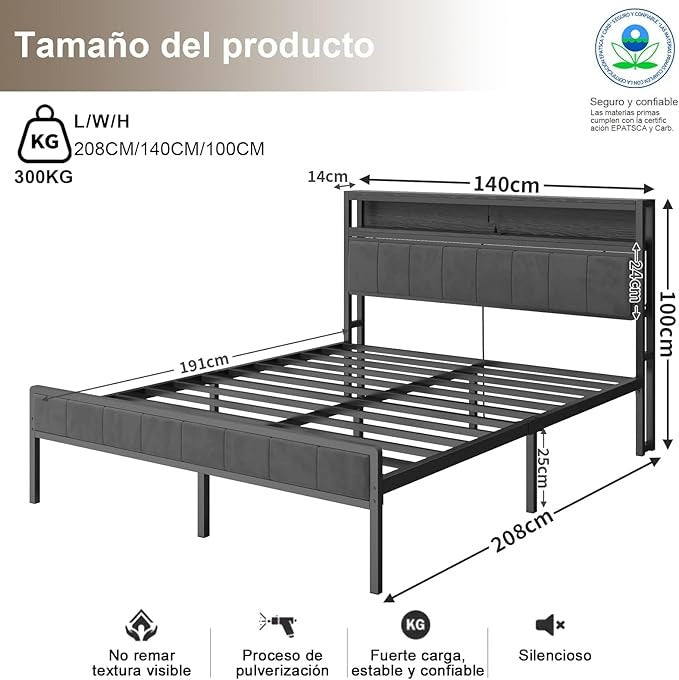 Cama Matrimonial Ajustable Okán – Cabecero con Almacenamiento, Cojines Grises, 2 Puertos USB y Luces LED