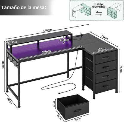 Escritorio en L Gamer Simple Wisdom – Minimalista, Esquinero, con Cajón, Luz LED y Soporte para Monitor