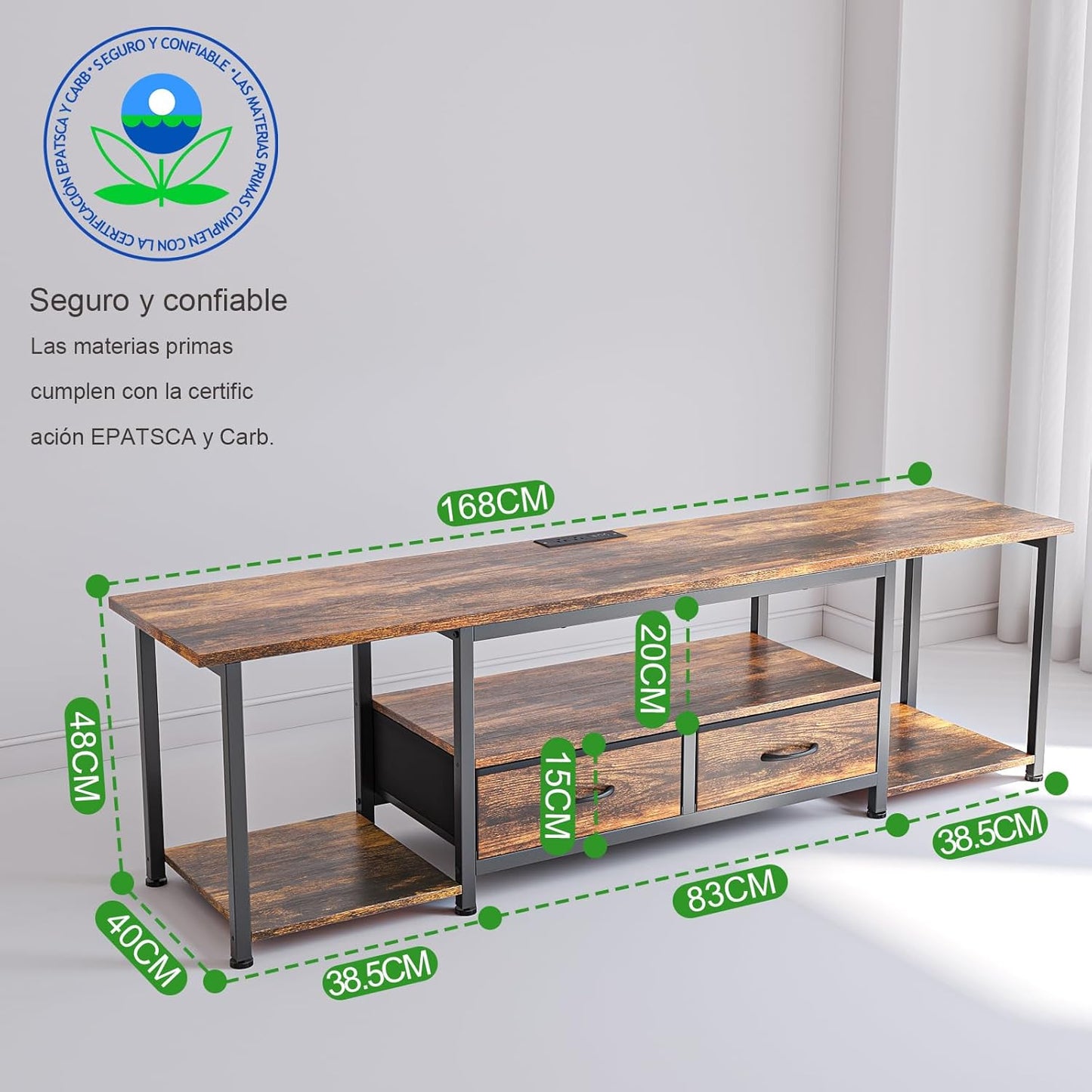 Mueble para TV,Mueble TV con Regleta,Mesa para TV para Televisor de 75 a 85 Pulgadas,con 2 Cajones de Tela,168 CM Centro de Entretenimiento para TV,El Tamaño es 168×40×45 CM. (Brown)