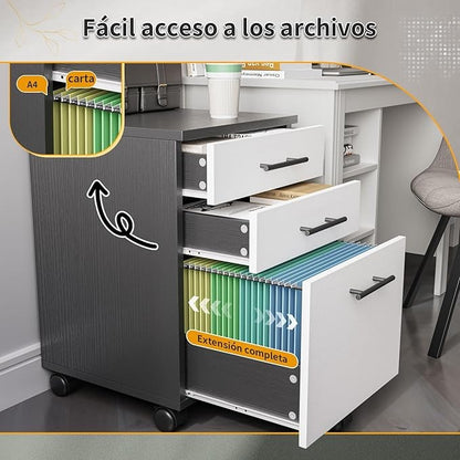 Archivero de Madera Blanco y Negro con 3 Cajones | Organizador de Oficina con Ruedas y Espacio para Impresora