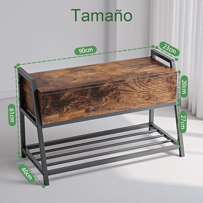 Banco de Zapatos Vintage Simple Hogar – Taburete de Entrada con Almacenamiento Abatible, Para Sala, Dormitorio o Recibidor, 90×40×61 cm