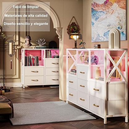 Cajonera Tocador con Luz LED y Enchufe | Mueble Organizador con 7 Cajones de Tela para Recámara Moderna