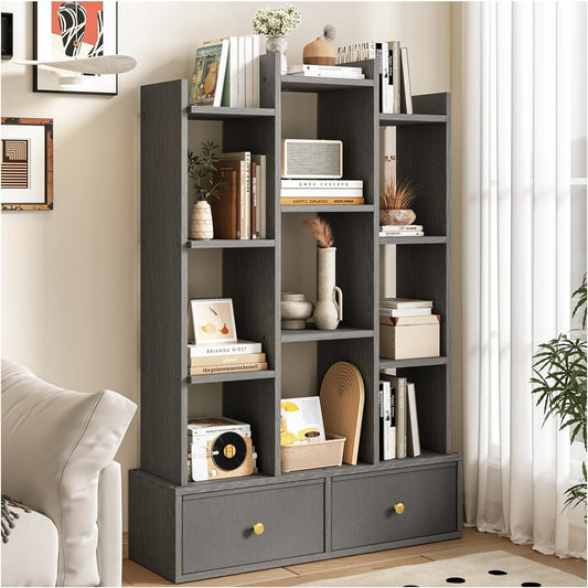 Librero Minimalista Okán – Organizador de Madera con 2 Cajones de Tela y 12 Estantes Abiertos para Dormitorio, Sala y Oficina