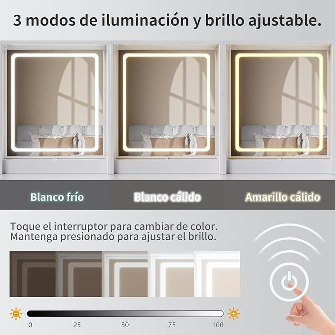 Simple Hogar Tocador de Maquillaje con Espejo LED, 3 Modos de Luz, 2 Cajones y 4 Armarios, Tocador Vanity para Recámara con Regleta