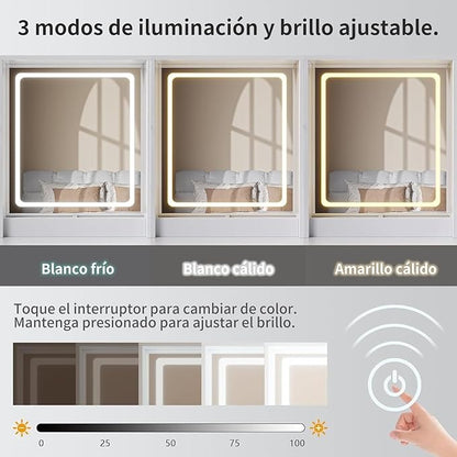Simple Hogar Tocador de Maquillaje con Espejo LED, 3 Modos de Luz, 2 Cajones y 4 Armarios, Tocador Vanity para Recámara con Regleta