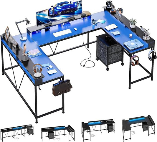 Escritorio Gamer en Forma de U con Archivador Móvil y Luz LED – Escritorio Minimalista 4 en 1 para Oficina o Estudio