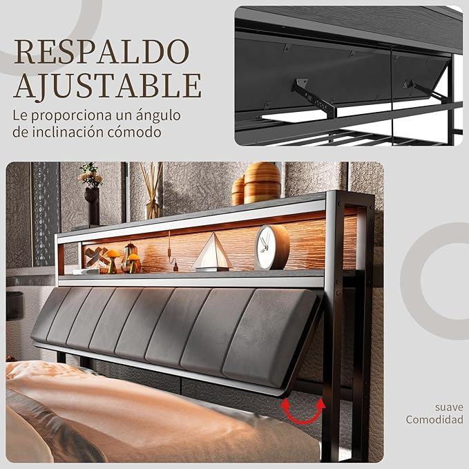 Cama Matrimonial Ajustable Okán – Cabecero con Almacenamiento, Cojines Grises, 2 Puertos USB y Luces LED