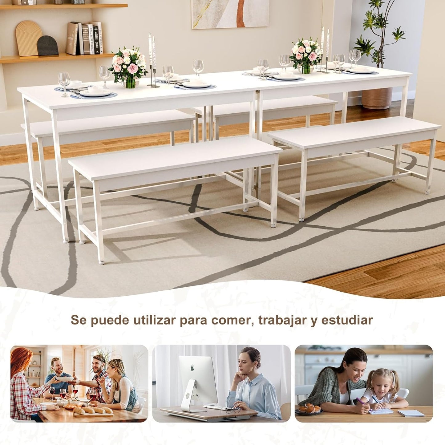 Juego de Comedor 4 Personas con Mesa 110x60 cm y 4 Sillas | Ideal para Espacios Pequeños, Fácil de Limpiar y Montar