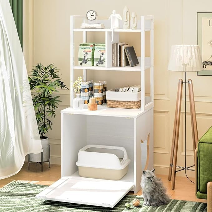 Mueble Arenero para Gato – Casa para Gatos con Caja de Arena Grande y Estante de 2 Niveles para Almacenaje