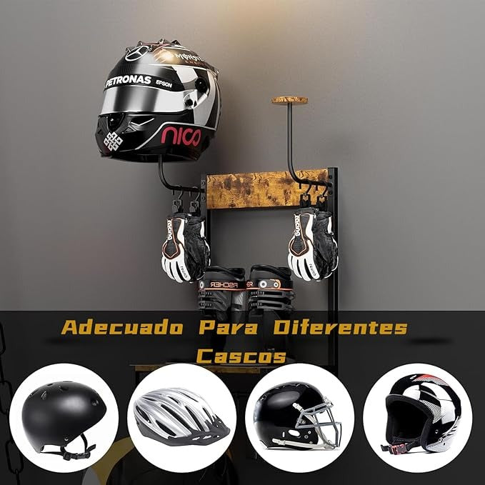 Soporte para Casco de Moto XL – Multifuncional 4 en 1, Montaje en Pared, Almacenamiento y Exhibición de Cascos y Accesorios