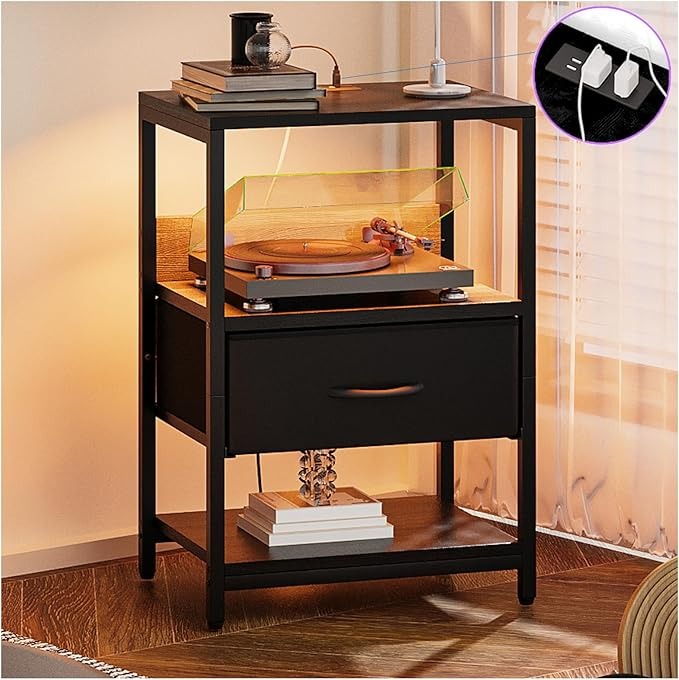Buró / Mesita de Noche con LED – Mesa Auxiliar con 2 Enchufes y Puertos USB
