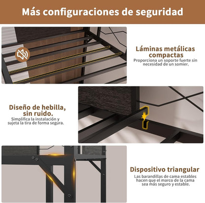 Litera Individual y Matrimonial de Hierro y Madera | Fuerte, Estable y Segura con Barandillas y Escalera – Ideal para Adultos y Hogar