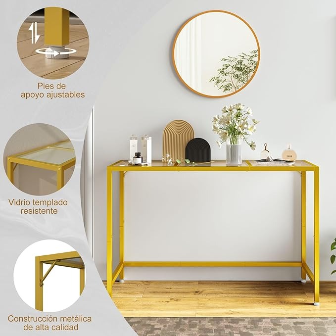 Credenza Recibidor en Vidrio Templado – Mesa Consola Dorada de 120cm con Estructura de Metal para Entrada o Salón