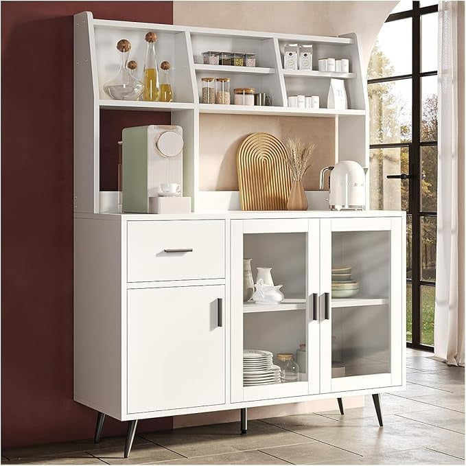 Alacena de Cocina Simple Hogar – Gabinete Multiusos con Puertas de Cristal Templado y Cajones de Madera, Compacto y Fácil de Instalar