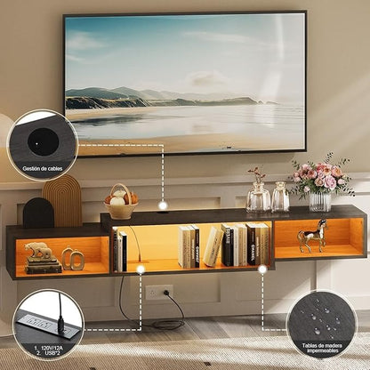 Mueble Flotante para TV 70" en Gris Oak – LED, 3 Espacios Abiertos, Enchufe Americano, Moderno y Ahorrador de Espacio