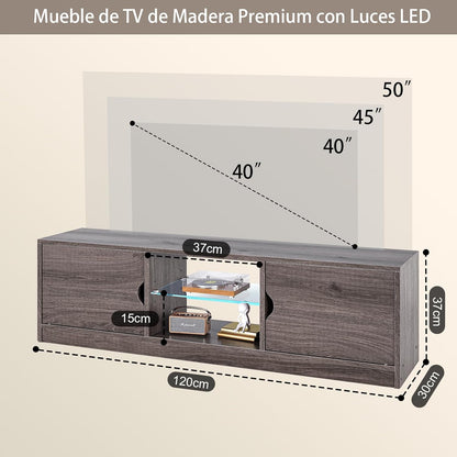 Mueble para TV, 120 CM TV Grande, con Vidrio Templado Luz LED Centro de Entretenimiento para TV, Mesa para TV de Madera de Alta Gama, Apto para Salón y Dormitorio