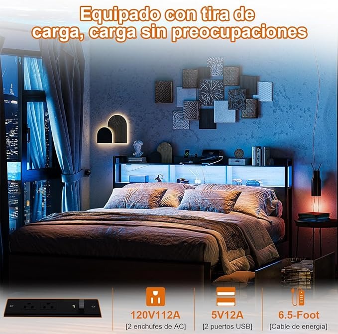 Base de Cama Matrimonial 1.4 m Simple Hogar – Con Almacenamiento, 2 Cajones, 2 Salidas de Carga, 2 Puertos USB y Luces LED