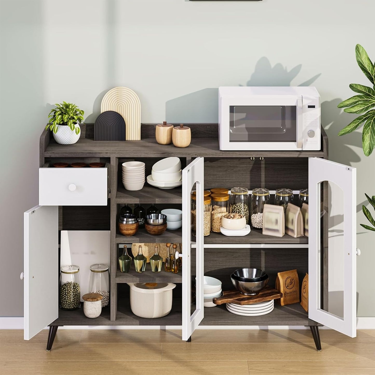 Alacena Moderna para Cocina y Comedor – Puerta de Vidrio Templado, Diseño Corredizo, Gris 120x90x35 CM