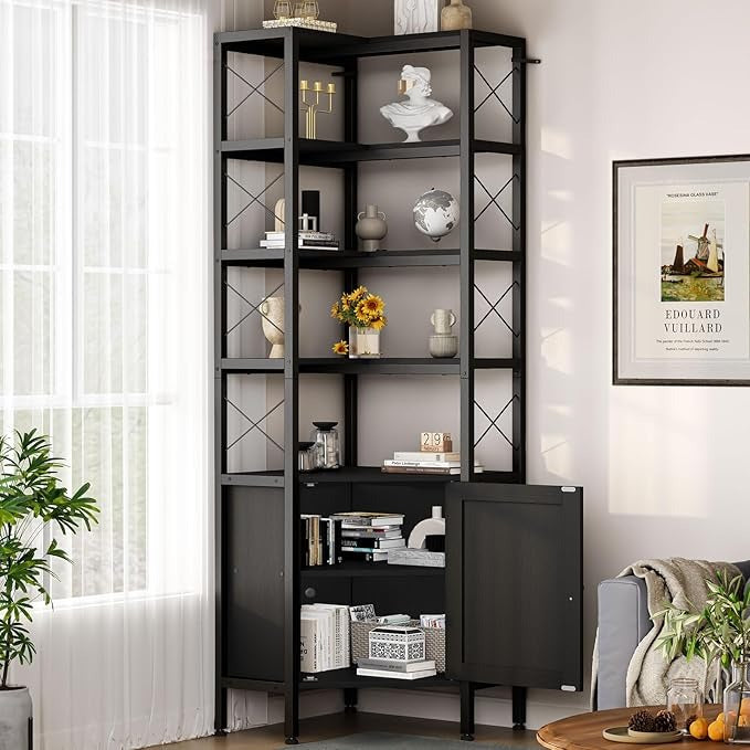 Librero Esquinero de 5 Niveles con Puerta | Mueble Organizador de Almacenaje 200cm | Estilo Minimalista para Hogar u Oficina