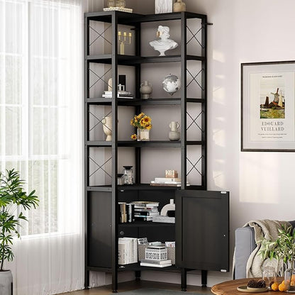 Librero Esquinero de 5 Niveles con Puerta | Mueble Organizador de Almacenaje 200cm | Estilo Minimalista para Hogar u Oficina