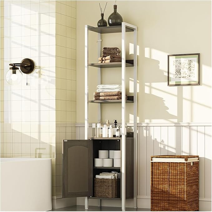 Librero Gris Roble Estilo Bohemio – Multiusos para Cocina, Baño y Salón, 176CM con Puerta de Gabinete