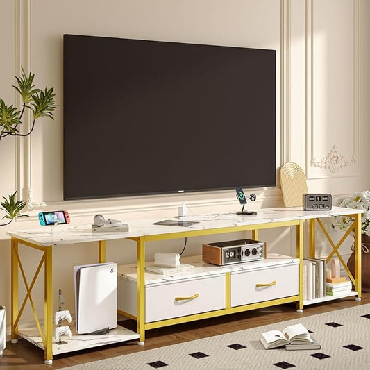 Simple Hogar Mueble TV 160CM – Blanco Mármol, con Regleta, 2 Cajones de Tela, para Televisor hasta 65 Pulgadas