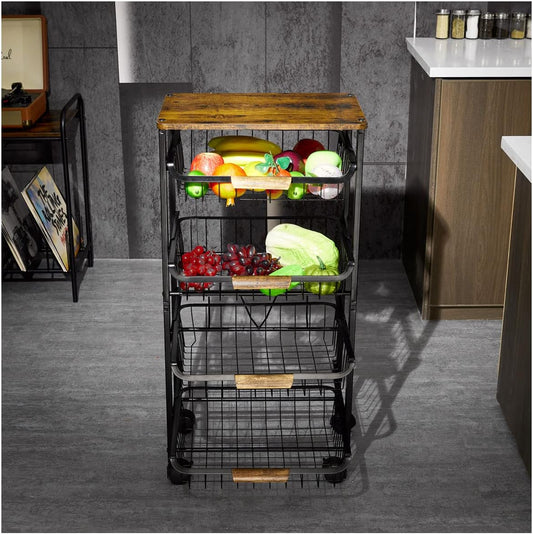 Contenedor de Almacenamiento de 5 Niveles para Papas y Cebollas, Gabinete para Frutas y Verduras con Encimera, Carrito de Snacks con Ruedas Universales