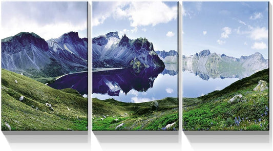 3 Panel Canvas Wall Art Prints - Mountain and Lake Landscape Modern Artwork Painting Stretched on Wooden Framed for Living Room Home Decoration - 24"x32" x 3 Panels