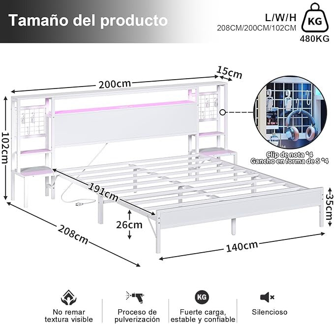Base de Cama Matrimonial con Luz LED y Carga USB | Cabecera con Almacenaje, Metal y Madera 140x190 cm