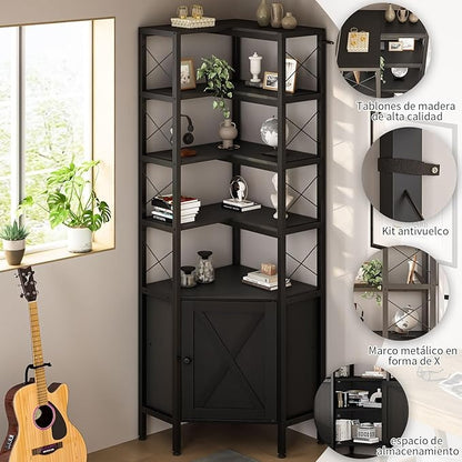 Librero Esquinero de 5 Niveles con Puerta | Mueble Organizador de Almacenaje 200cm | Estilo Minimalista para Hogar u Oficina