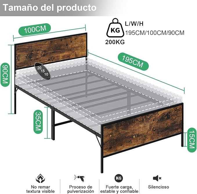 Base de Cama Matrimonial con Cabecera y Pie – Estructura Metálica Resistente con Lamas de Soporte | Diseño Simple y Moderno para Dormitorio