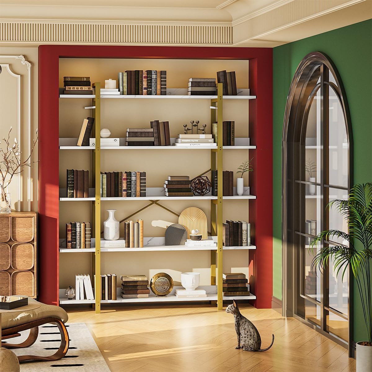 Simple Hogar Librero Organizador 5 Niveles para Sala, Estudio o Cocina – Estilo Contemporáneo, Madera y Metal, 170x120x24 cm, Cada Nivel Soporta 15 kg