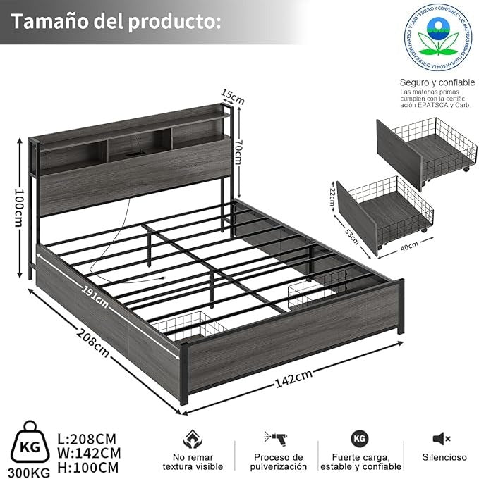 Base de Cama Matrimonial 1.4 m Simple Hogar – Con Almacenamiento, 2 Cajones, 2 Salidas de Carga, 2 Puertos USB y Luces LED