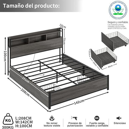Base de Cama Matrimonial 1.4 m Simple Hogar – Con Almacenamiento, 2 Cajones, 2 Salidas de Carga, 2 Puertos USB y Luces LED