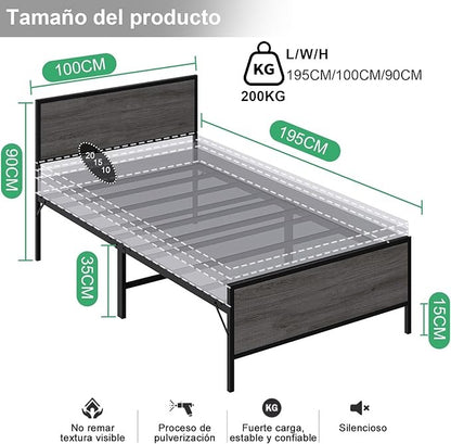 Base de Cama Matrimonial con Cabecera y Pie – Estructura Metálica Resistente con Lamas de Soporte | Diseño Simple y Moderno para Dormitorio