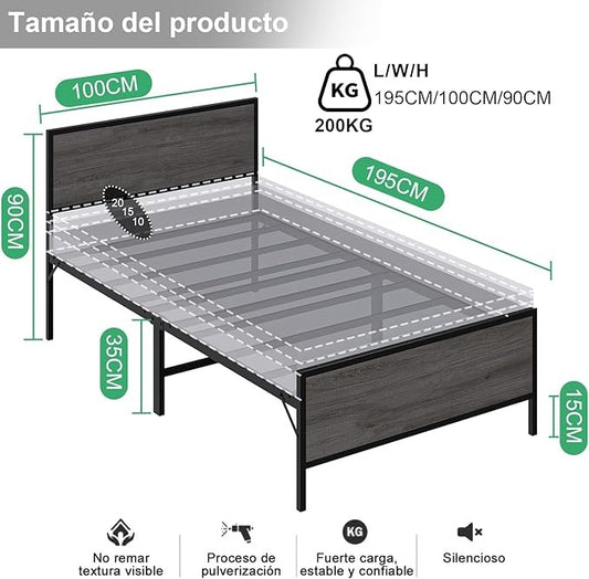 Base de Cama Matrimonial con Cabecera y Pie – Estructura Metálica Resistente con Lamas de Soporte | Diseño Simple y Moderno para Dormitorio