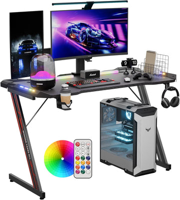 Escritorio Gamer, Escritorio para Computadora, Escritorios de Fibra con Control Remoto Eléctrico Lámpara RGB/Portavasos/Gancho para Auriculares/Hebilla de Gestión de Cables. (100CM*60CM)