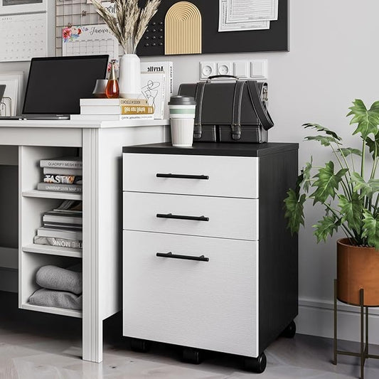 Archivero de Madera Blanco y Negro con 3 Cajones | Organizador de Oficina con Ruedas y Espacio para Impresora