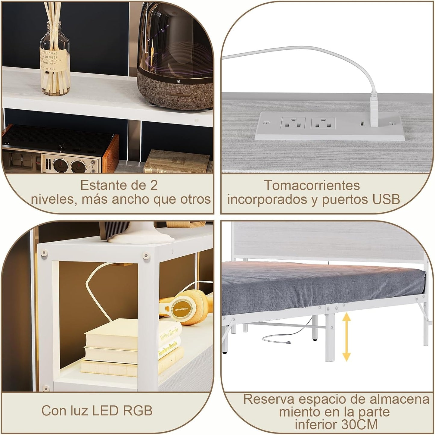 Cama Matrimonial con Cabecero de Almacenamiento, Base de 1.4 m con Luces LED, Contactos de Carga y Puertos USB – Blanco Moderno