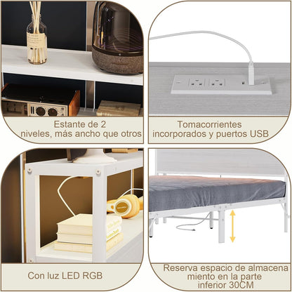 Cama Matrimonial con Cabecero de Almacenamiento, Base de 1.4 m con Luces LED, Contactos de Carga y Puertos USB – Blanco Moderno