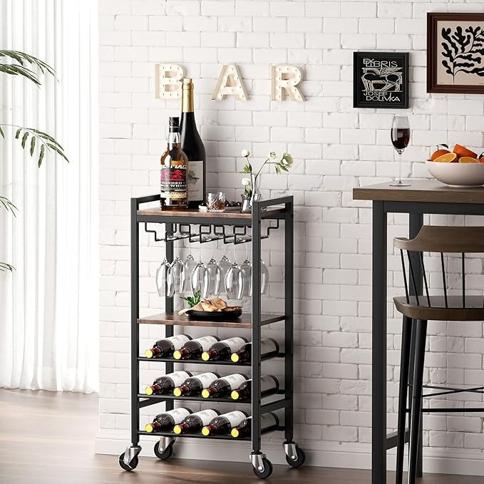 Carrito Bar de 5 Niveles con Porta Copas y Botellero para 12 Botellas – Carrito de Servicio Vintage para Hogar, Cocina o Sala de Estar