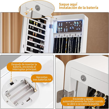 Espejo Joyero con Luces LED y Llave | Espejo Organizador de Pie y de Puerta con Almacenamiento para Joyería – 155×42×36 cm