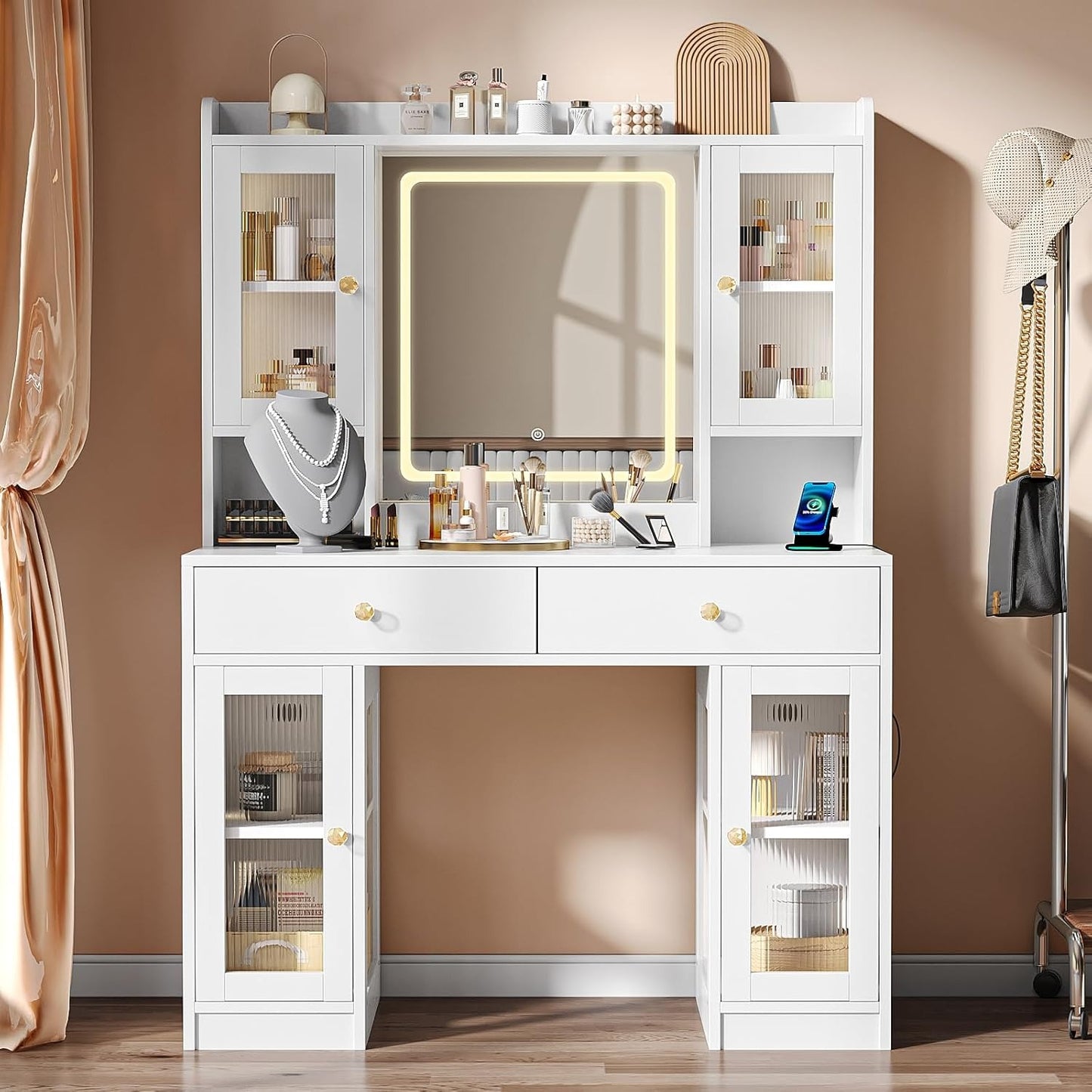 Simple Hogar Tocador de Maquillaje con Espejo LED, 3 Modos de Luz, 2 Cajones y 4 Armarios, Tocador Vanity para Recámara con Regleta