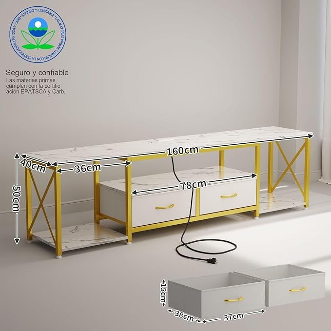 Simple Hogar Mueble TV 160CM – Blanco Mármol, con Regleta, 2 Cajones de Tela, para Televisor hasta 65 Pulgadas